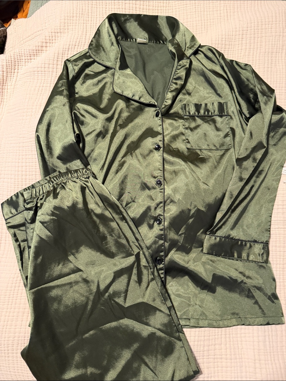 Satin Two-Piece Pajama Set - Olive Green